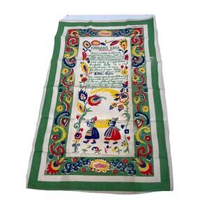 VTG Carrie Wilson Linen Tea Towel Crown Cake Recipe Green Blue White 30 x 16"